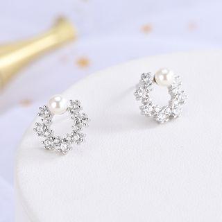 925 Sterling Silver Faux Pearl Rhinestone Hoop Earring Es964 - 1 Pair - One Size