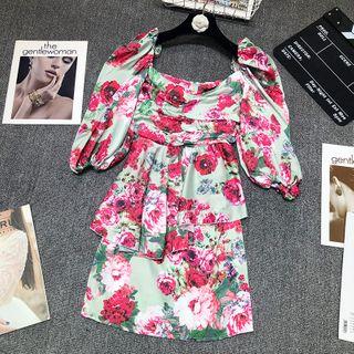 Short-sleeve Floral Print Asymmetric A-line Dress