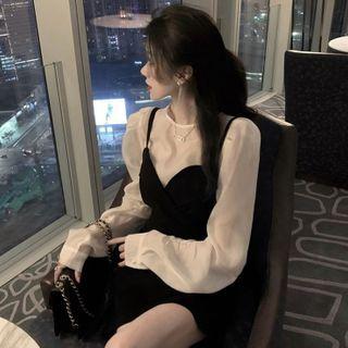 Set: Long-sleeve Sheer Top + Spaghetti Strap Mini Sheath Dress