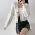 Lantern-sleeve V-neck Button-up Cropped Cardigan