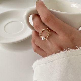 Square Alloy Faux Pearl Ring Gold - One Size