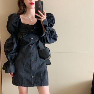 Puff-sleeve Square-neck A-line Denim Dress