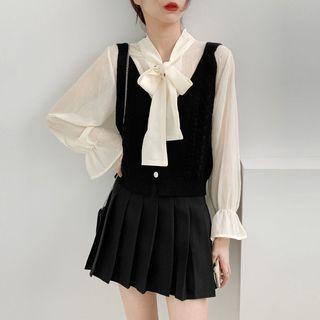 Set: Tie-neck Blouse + Knit Camisole Top