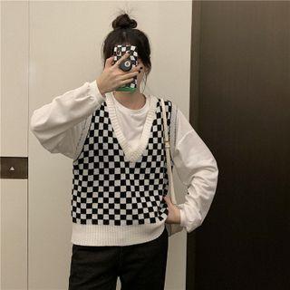 V-neck Two Tone Plaid Cropped Vest