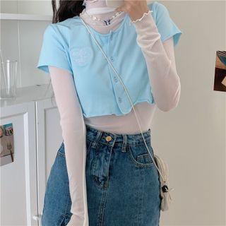 Short-sleeve Button-up Crop Top / Long-sleeve Turtleneck Mesh Top