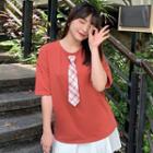 Short-sleeve Gingham-collar Strap Panel Plain T-shirt