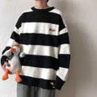 Letter Embroidered Striped Oversize Sweater