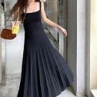 Plain Sleeveless Pleated Knit Dress Black - One Size