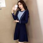 Long-sleeve Color Block A-line Mini Knit Dress
