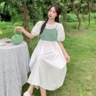 Set: Puff-sleeve Plain Loose Fit Dress + Floral Camisole Top