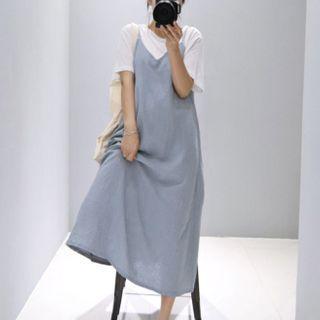 Short-sleeve Two-tone A-line Midi T-shirt Dress