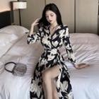 3/4-sleeve Print Midi A-line Wrap Dress