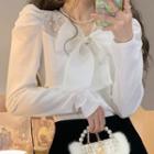 Long-sleeve Faux Pearl Bow Blouse White - One Size