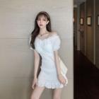 Lantern-sleeve Crochet Ruffle Trim Dress White - One Size
