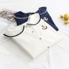 Contrast Trim Collar Embroidered Blouse