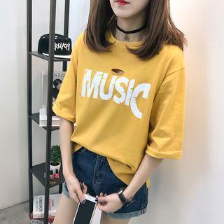 Elbow-sleeve Lettering Ripped T-shirt