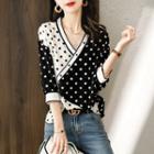 3/4-sleeve Dotted Two-tone Blouse