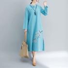 Print Long-sleeve Stand-collar Frog Button Qipao Dress