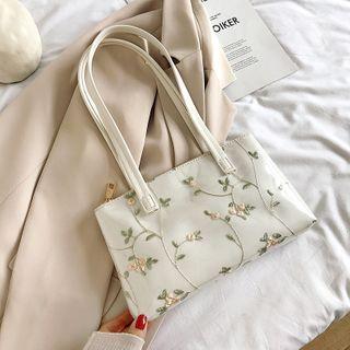 Embroidered Flower Faux Leather Shoulder Bag