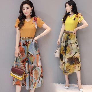 Set: Bow Accent Short Sleeve T-shirt + Floral Print Culottes