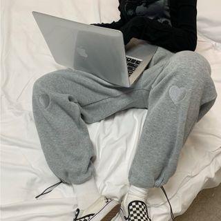 Plain Elastic-waist Heart Embroidered Jogger Pants