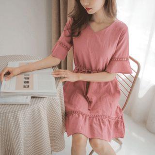 Drawstring-waist Lace-trim A-line Dress