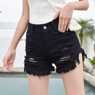 Distressed Fringed Hem Denim Hot Pants