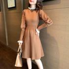 Lantern-sleeve Beaded Knit A-line Dress