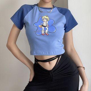 Raglan-sleeve Cartoon Print Cropped T-shirt