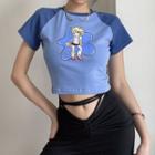 Raglan-sleeve Cartoon Print Cropped T-shirt