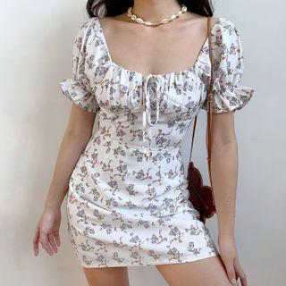 Short-sleeve Scoop Neck Floral Mini Corset Dress