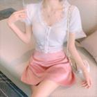 Short-sleeve Lace Buttoned Top / Satin Mini Skirt