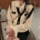 Lace Trim Blouse / Button-up Knit Vest