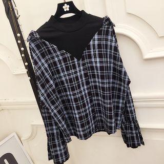 Plaid Mock Two-piece Bell-sleeve Blouse