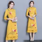 3/4-sleeve Qipao Embroidered Midi Dress