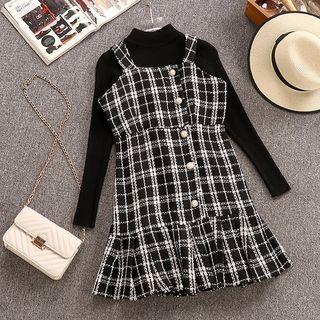 Set: Mock-neck Long-sleeve Knit Top + Plaid Tweed Jumper Dress