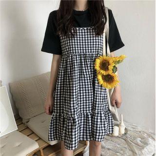 Spaghetti Strap Gingham Mini A-line Dress Black & White - One Size