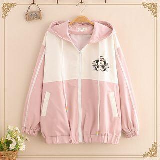 Bear Embroidered Two-tone Zip Hoodie