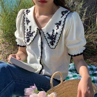 Puff-sleeve Floral Embroidered Polo Knit Top