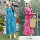 Ethnic Floral Long-sleeve Round-neck Dress