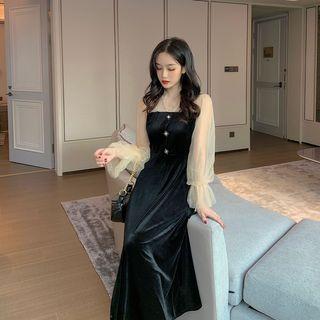 Mesh-sleeve Mini A-line Dress
