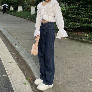 High-waist Wide-leg Jeans / Bell-sleeve Ruffled Blouse