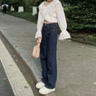High-waist Wide-leg Jeans / Bell-sleeve Ruffled Blouse