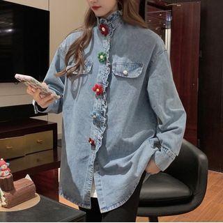 Ruffle Flower Detail Denim Shirt