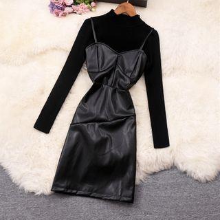 Set: Long-sleeve Mock-neck Knit Top + Spaghetti Strap Faux Leather Overall Dress