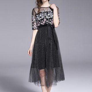 Embroidered Short-sleeve Panel Midi Dress