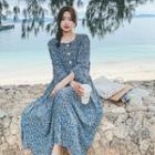 Floral Square-neck Single-breasted Long Dress