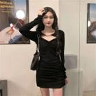 Long-sleeve Shirred Mini Bodycon Dress Black - One Size