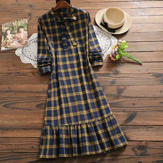 Bow Plaid Long-sleeve A-line Dress