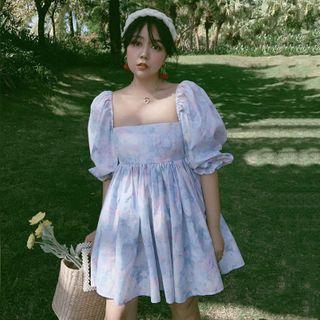 Puff-sleeve Flower Print Mini A-line Dress